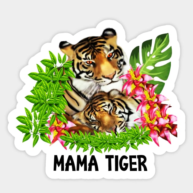 Tiger Mom with Cub Tropical Animal Sticker by logiamerch